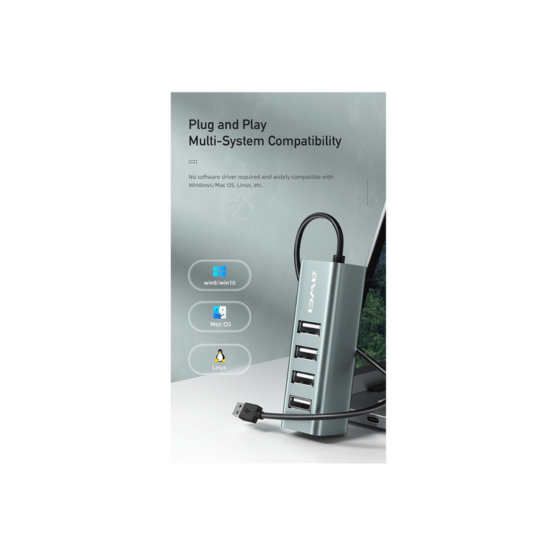 Awei CL-122T Type-C Hub to USB 2.0 with 4 Ports - Space Gray
